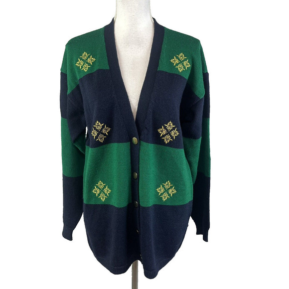 Vintage Koret Cardigan Sweater size Small Green Navy Wool Gold Embroidery Granny - Picture 1 of 11